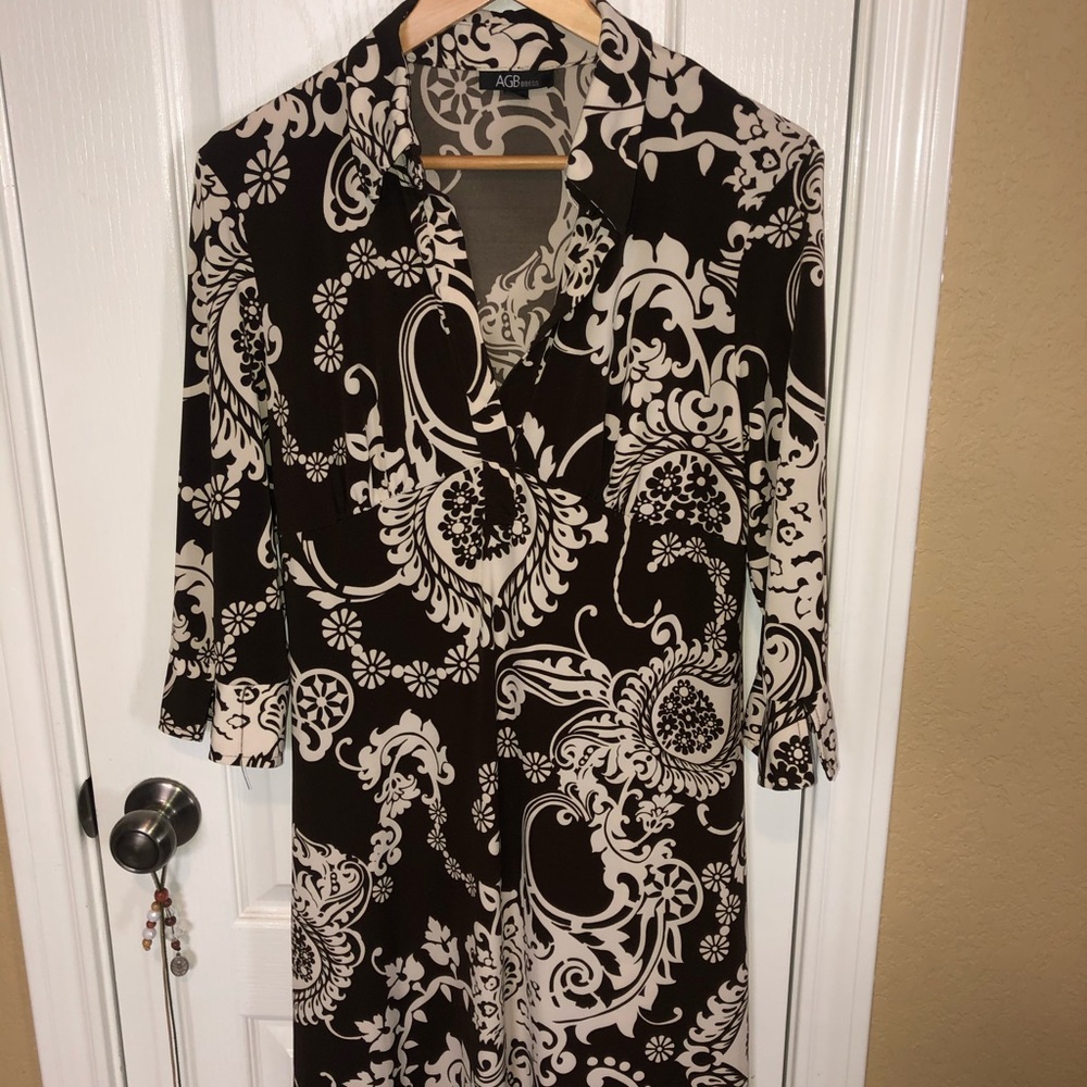 Brown and beige print 3/4 sleeves dress